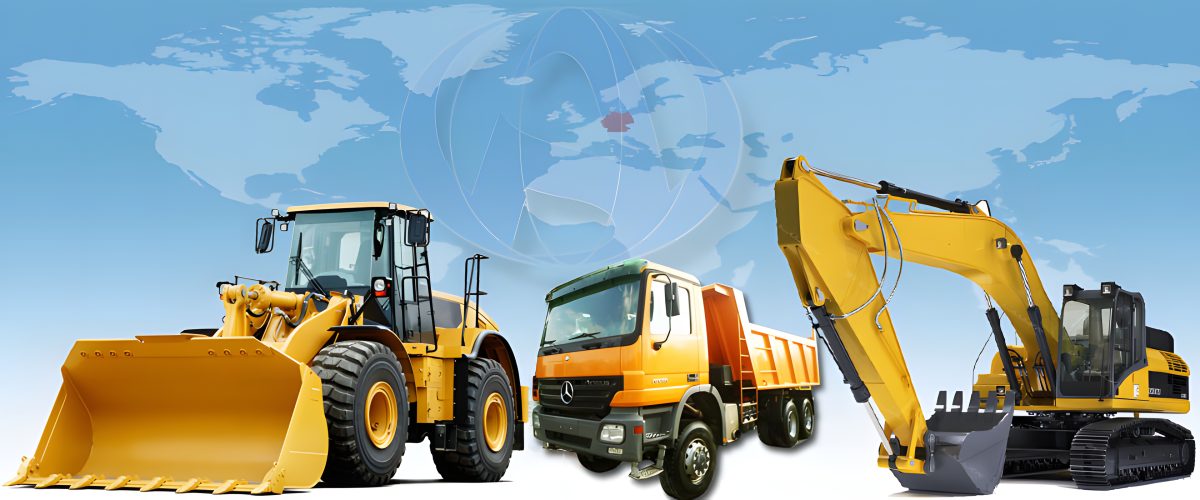 Wheel loader, Mercedes-Benz tipper truck and excavator in front of a world map
